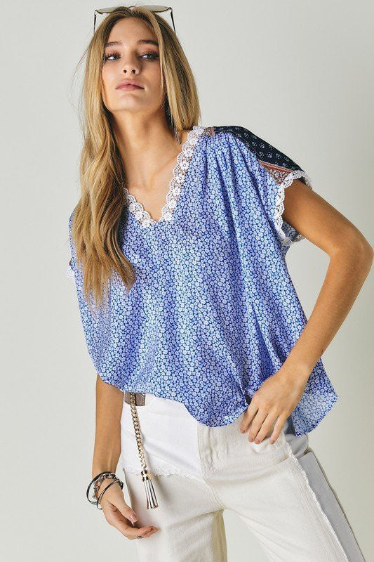 DAVI & DANI Printed Lace V-Neck Short Sleeve Loose Top