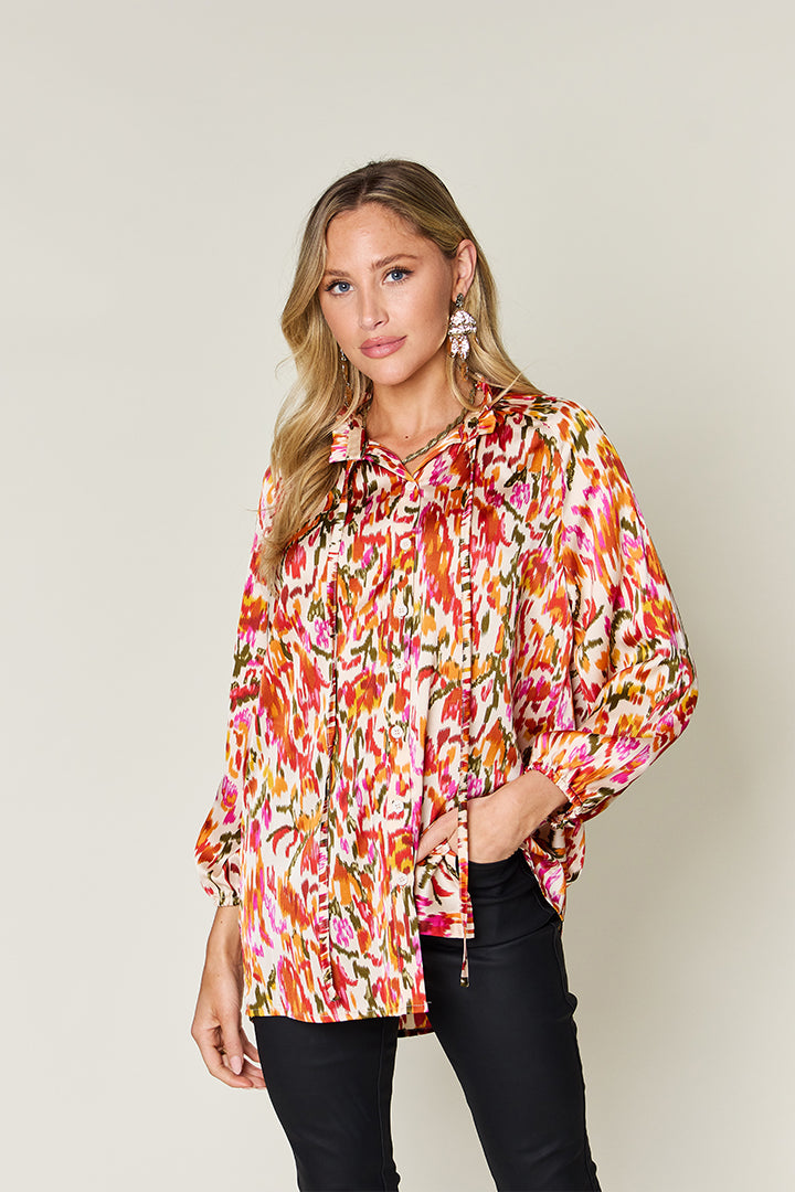 DOUBLE TAKE Full Size Printed Tied Neck Long Sleeve Blouse