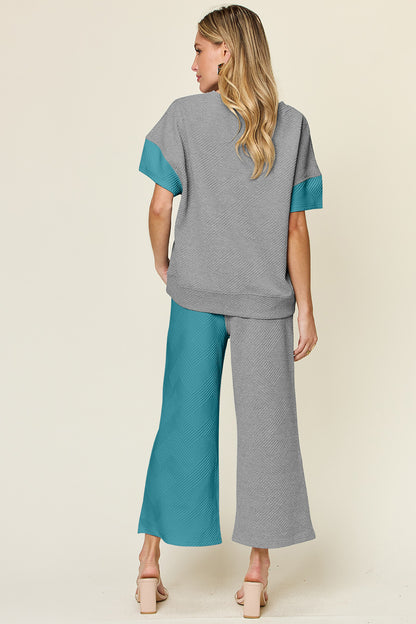 DOUBLE TAKE Full Size Texture Contrast T-Shirt and Wide Leg Pants Set