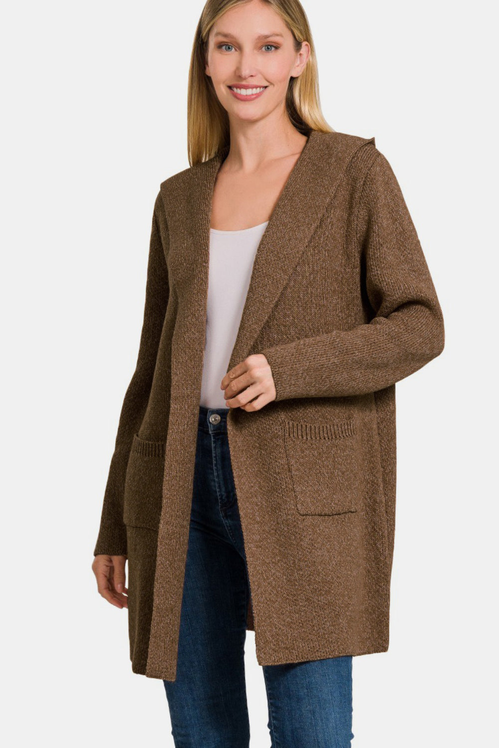 ZENANA Brown Hooded Open Front Sweater Cardigan