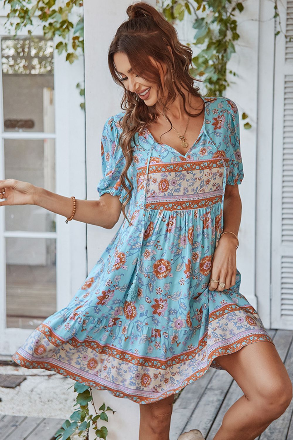 Casual Boho Floral Tie Neck Short Sleeve Mini Dress