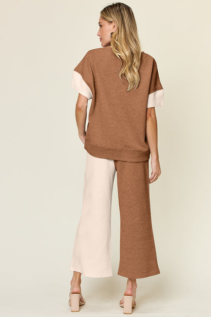 DOUBLE TAKE Full Size Texture Contrast T-Shirt and Wide Leg Pants Set