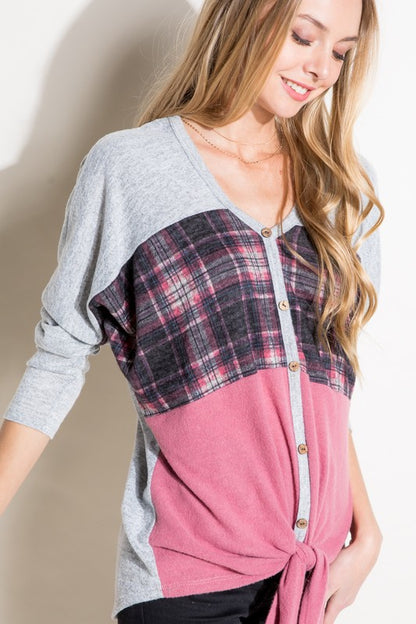 E LUNA Plaid Contrast Mixed Long Sleeves Top