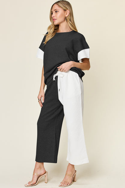 DOUBLE TAKE Full Size Texture Contrast T-Shirt and Wide Leg Pants Set