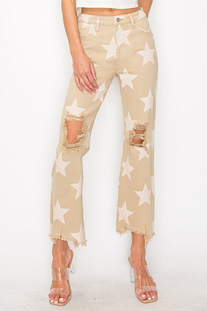 RISEN Full Size High Rise Star Printed Frayed Hem Jeans in Khaki