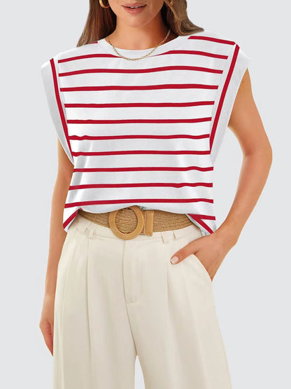 Striped Round Neck Cap Sleeve Sweater Top