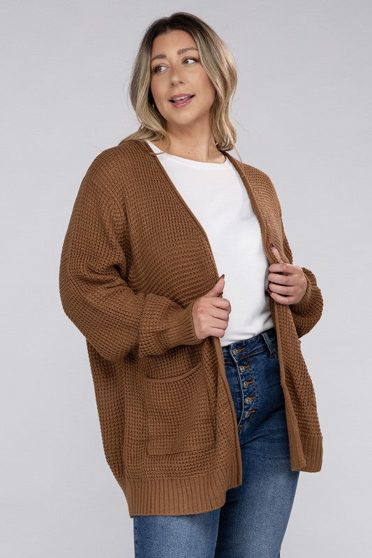 ZENANA Plus Low Gauge Waffle Open Cardigan Sweater