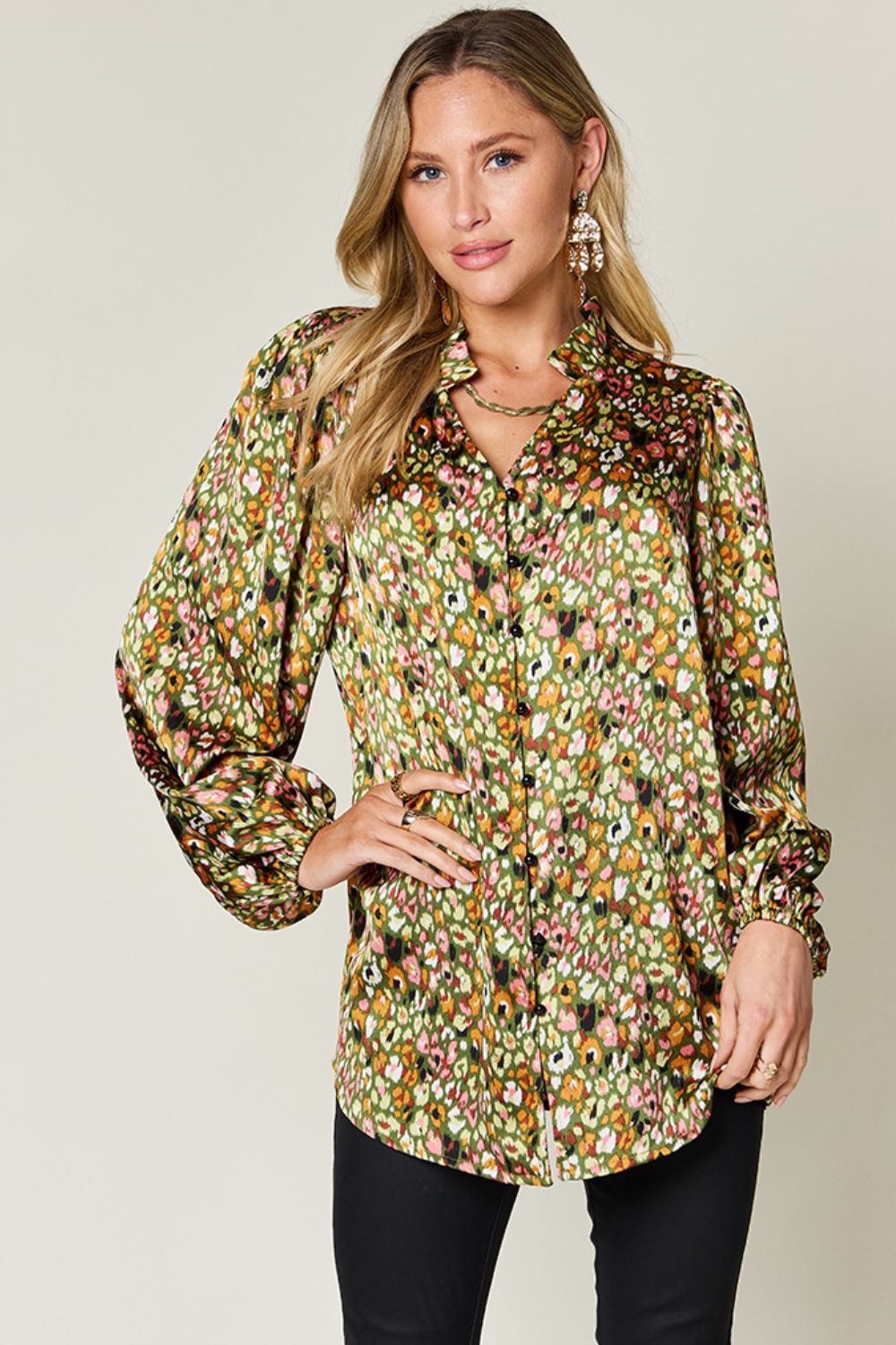 DOUBLE TAKE Full Size Printed Long Sleeve Blouse