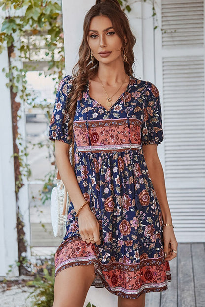 Casual Boho Floral Tie Neck Short Sleeve Mini Dress