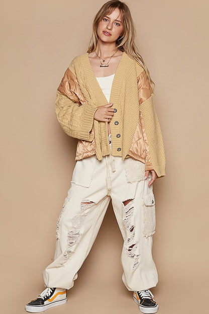 POL Quilting Patch Button Up Cable Knit Jacket in Camel Multi