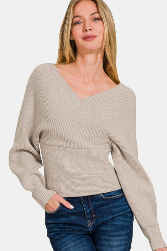 ZENANA Cross Wrap Rib Long Sleeve Sweater