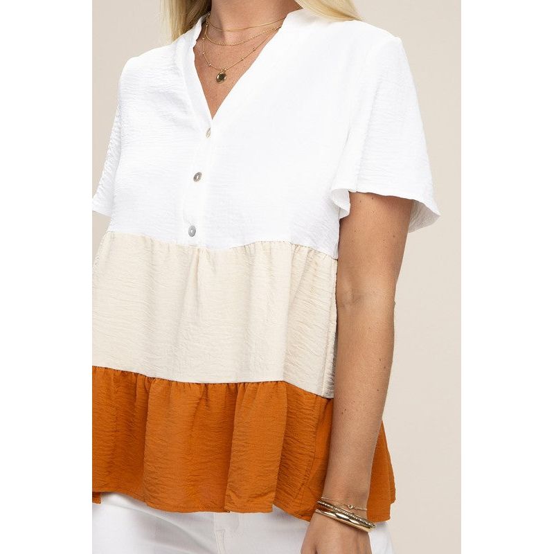 NUVI APPAREL Color Block Notched Neck Blouse