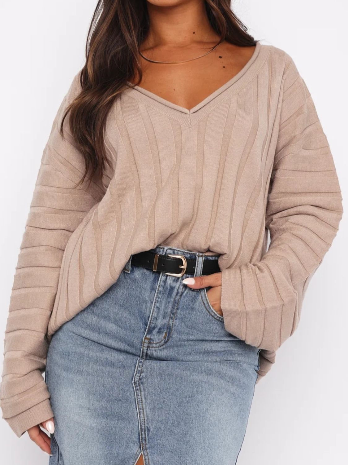 M.Z.Y. V-Neck Dropped Shoulder Sweater