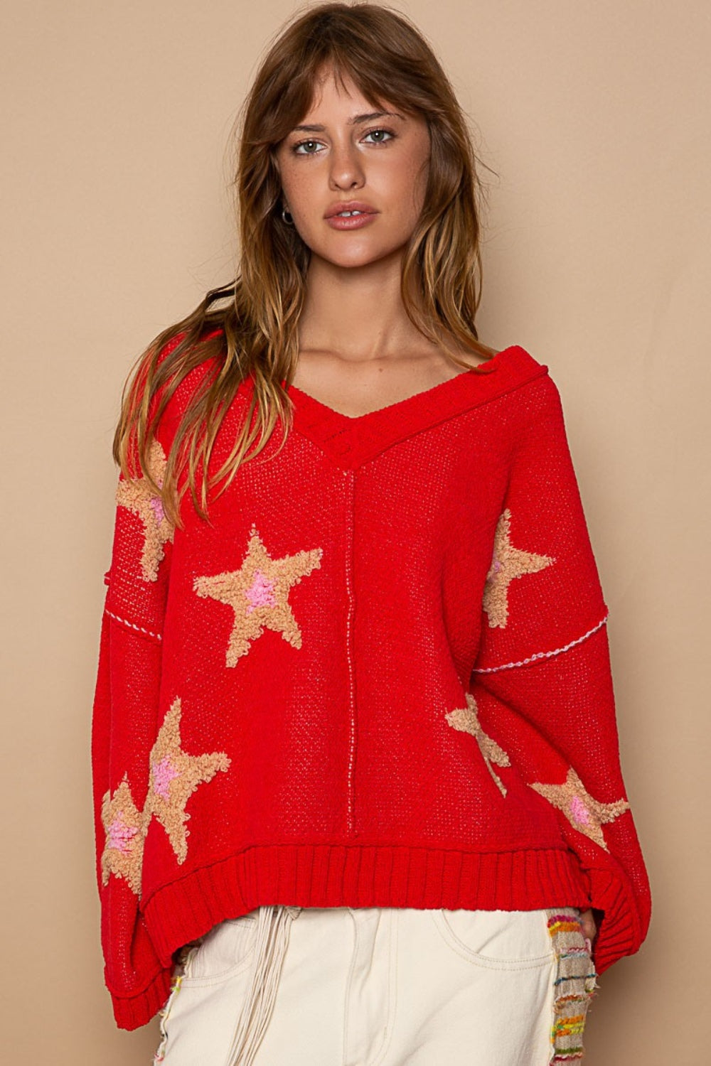 POL Apple Red Long Sleeve Star Patch Sweater