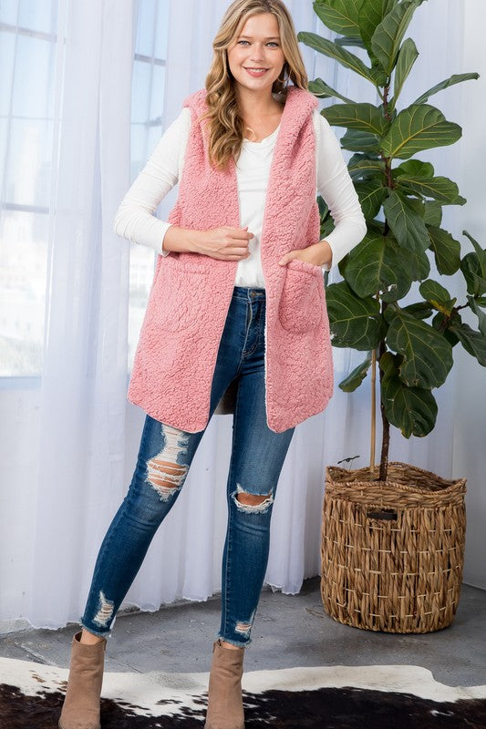 E LUNA Long Faux Fur Sherpa Fleece Vest