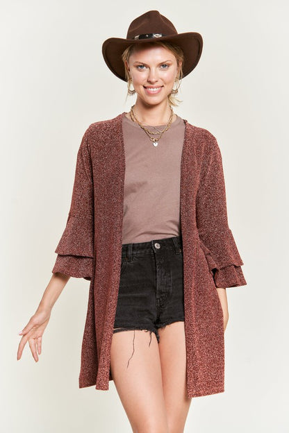 JADE by JANE Women's Red Kimono Glitter Cardigan with Bell Sleeve