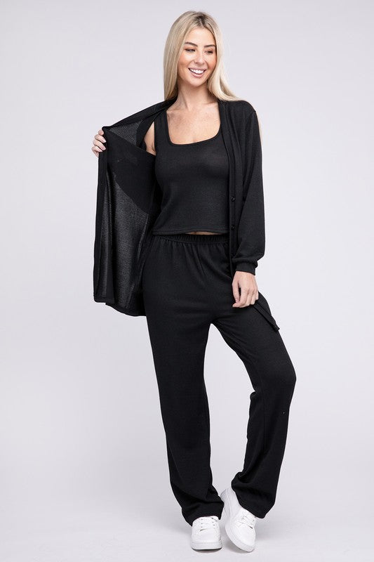 NUVI APPAREL 3 Pieces Solid Black Tank Top & Pants & Cardigan Set