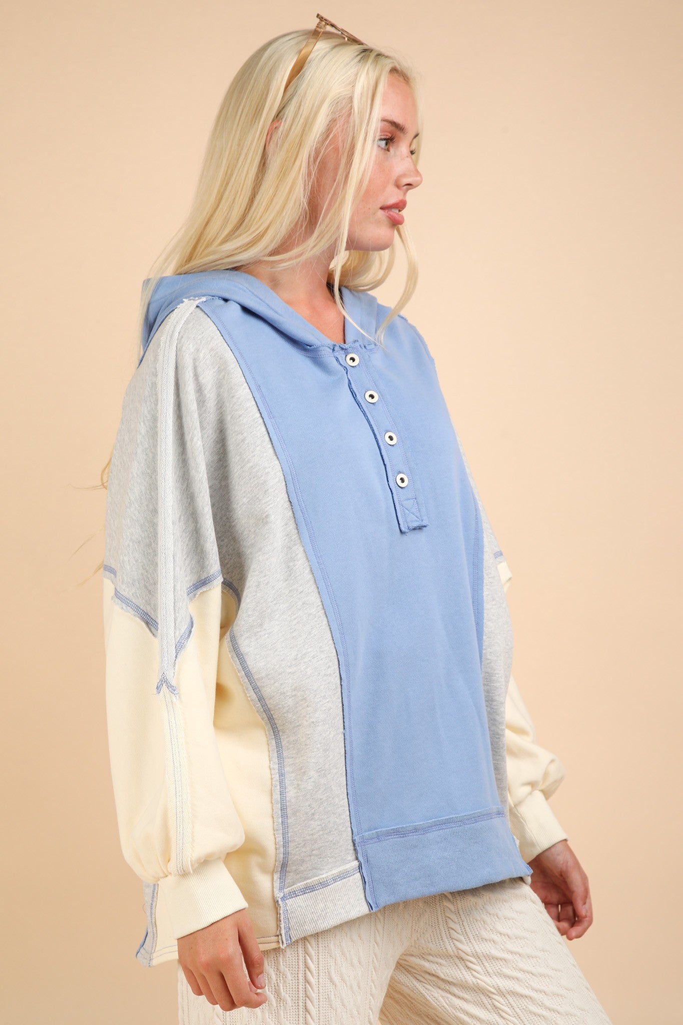 VERY J Blue Exposed Seam Color Block Half Button Hooded Sweatshirt