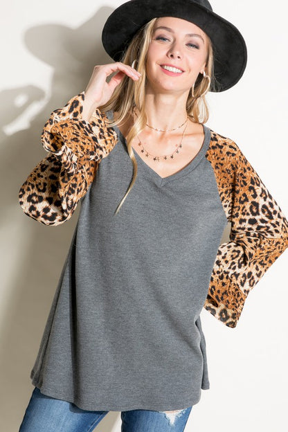 E LUNA Solid Top with Cheetah Print Sleeves