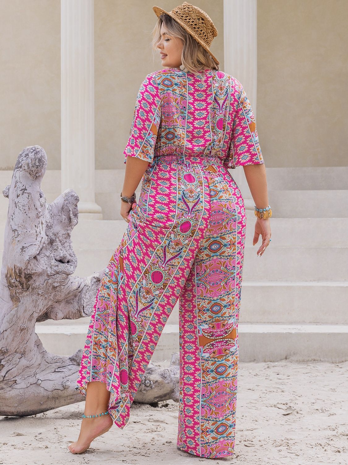 H.R.Z. Plus Size Printed Half Sleeve Wide Leg Jumpsuit