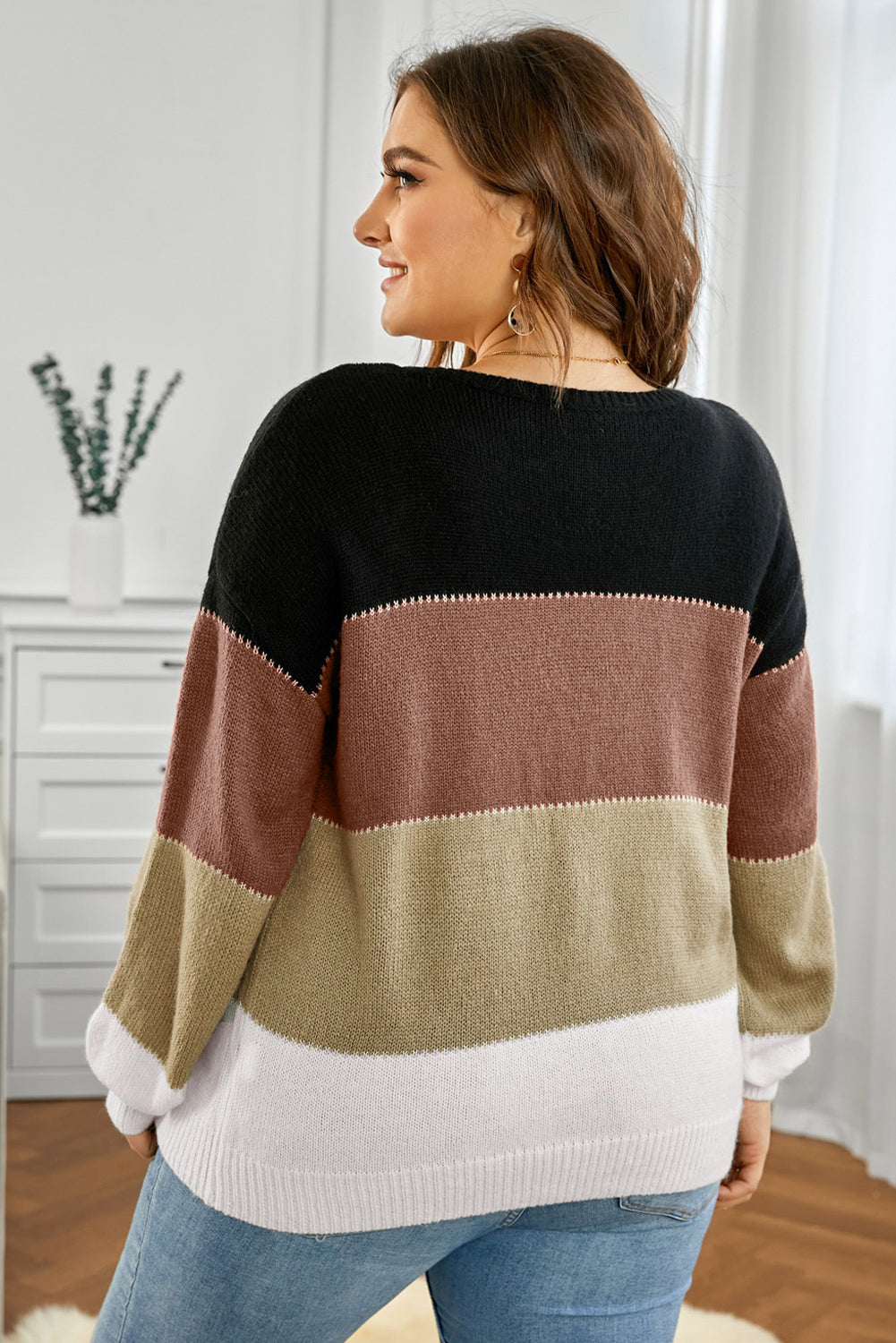 SYNZ Plus Size Color Block Round Neck Sweater