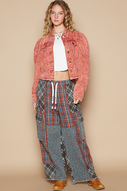 POL Raw Hem Button Up Cropped Denim Jacket with Wide Shoulders