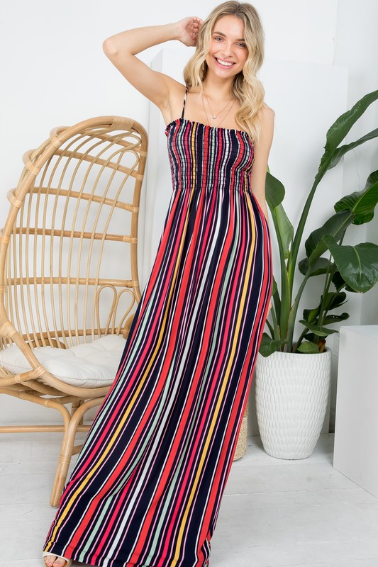 E LUNA Stripe Smocked Maxi Tank Dress