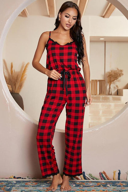 H2J Red Plaid Lace Trim Spaghetti Strap Jumpsuit