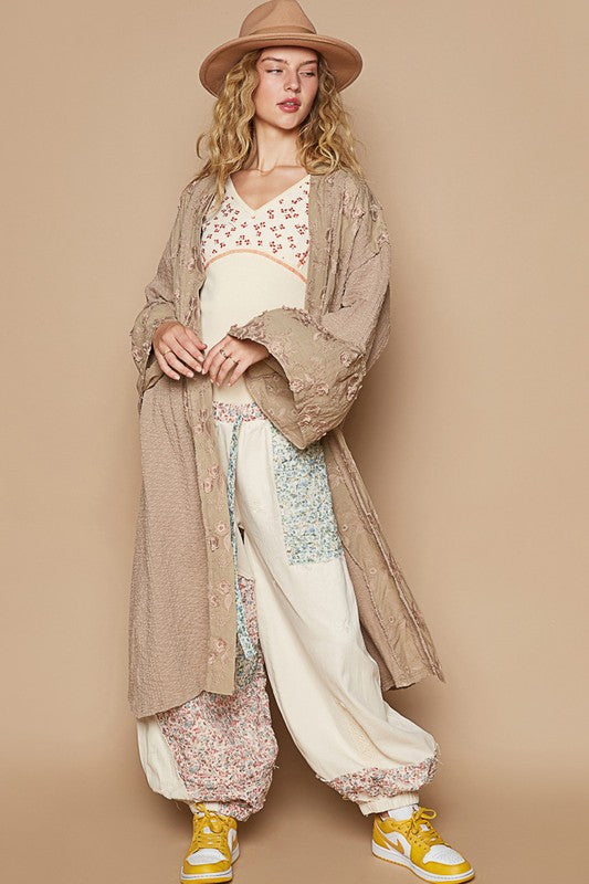 POL Women's Khaki Flower Lace Trim Open Front Boho Longline Cardigan