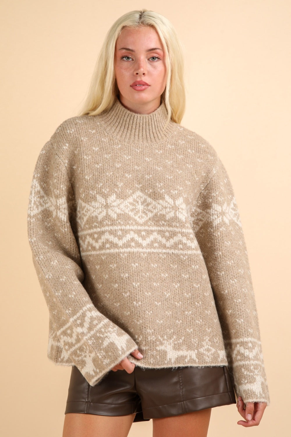 VERY J Mocha Christmas Element Mock Neck Long Sleeve Sweater