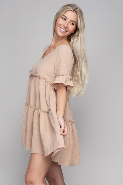 NUVI APPAREL Beige V neck Solid Ruffle Hem Dress