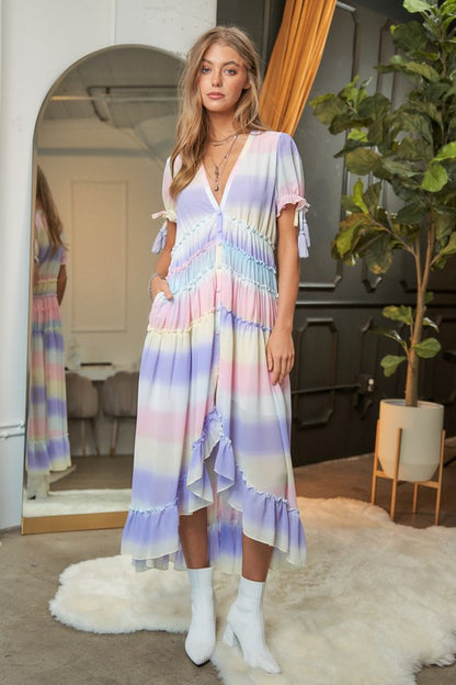 DAVI & DANI Lilac Ombre V-Neckline short Puff Sleeve High-low Maxi Dress