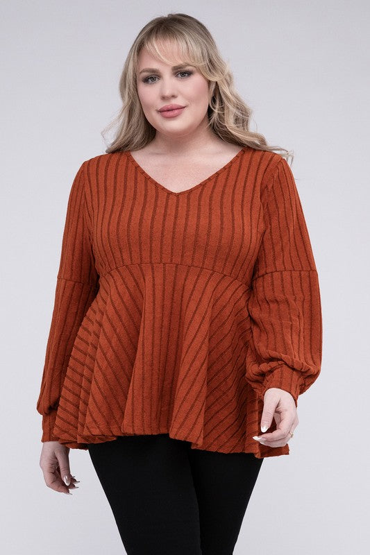 NUVI APPAREL Brown Plus-size Autumn V Neck Sweater with Ruffled Hem