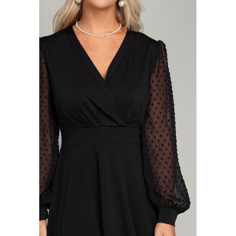 NUVI APPAREL Black Swiss Dot puff Sleeve Dress