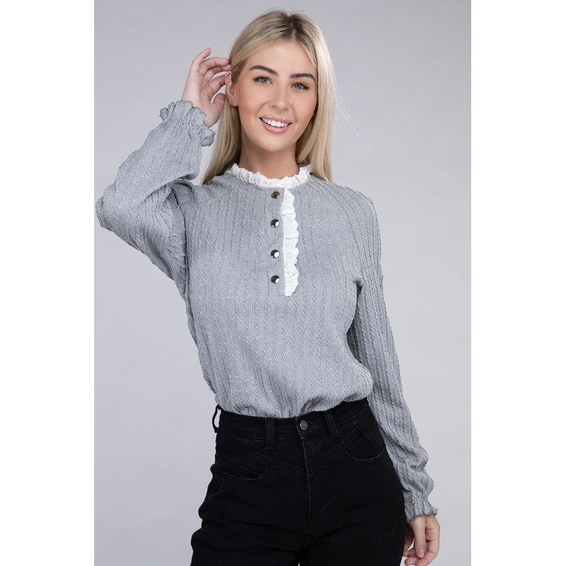 NUVI APPAREL Lace Ruffle Trim Neck Knit Blouse