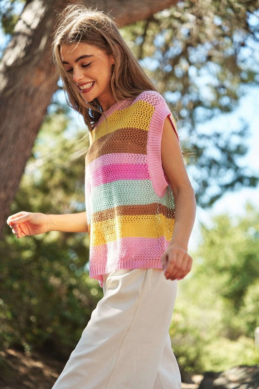 DAVI & DANI Crochet Multi Striped Pullover Knit Sweater Vest