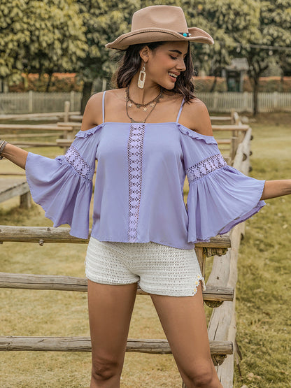 Blue Purple Casual Boho Square Collar Flare Sleeve Top