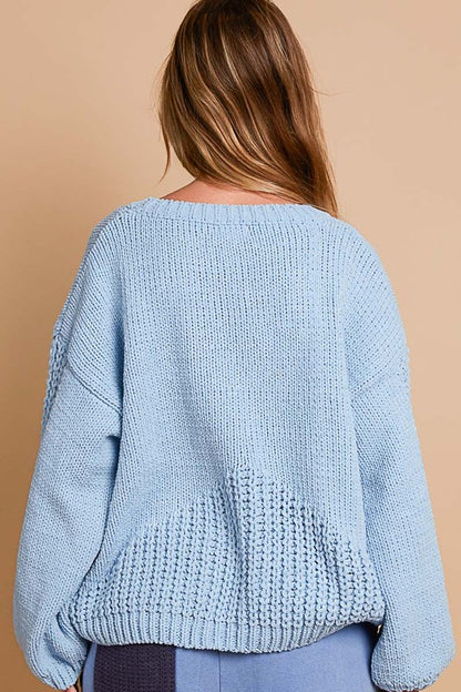 POL Women's Light Blue Crochet Flower Round Neck Dropped Shoulder Sweater