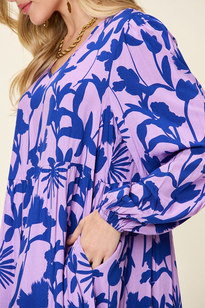 Double Take Full Size Printed Ruffle Hem Long Sleeve Dress