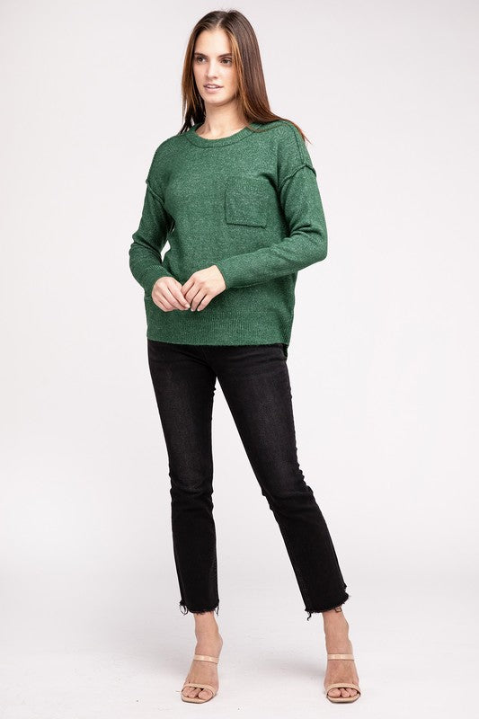 ZENANA Melange Hi-Low hem Round Neck Sweater