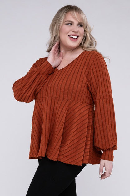 NUVI APPAREL Brown Plus-size Autumn V Neck Sweater with Ruffled Hem