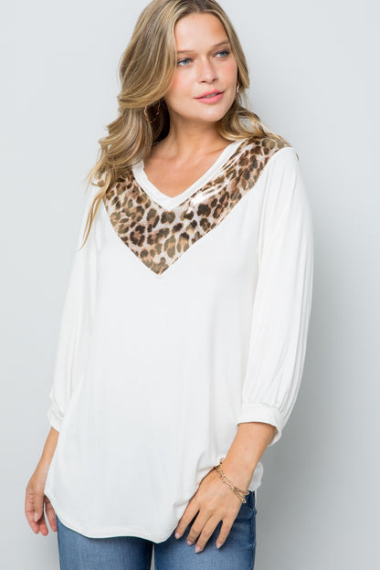 CELESTE Full Size Leopard Contrast Top with Balloon Sleeves