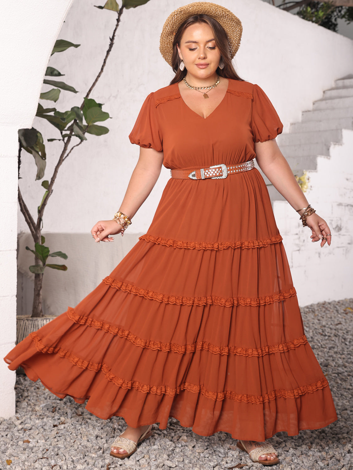 H.R.Z. Rust Boho Plus Size Dress with Ruched Lace Detail V-Neck & Short Sleeves