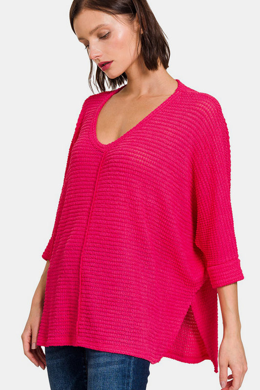 ZENANA Magenta V-Neck High-Low Jacquard Knit Top