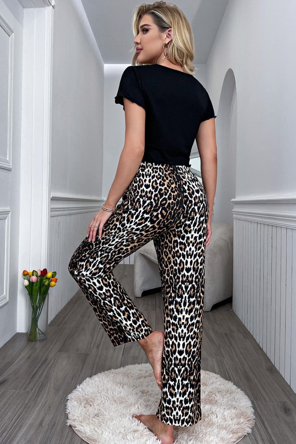 H2J 2 Piece Lounge Set with Black Lettuce Trim Cropped Top and Leopard Pants