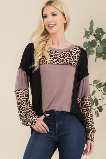 CELESTE Full Size Leopard Color Block Exposed Seam T-Shirt