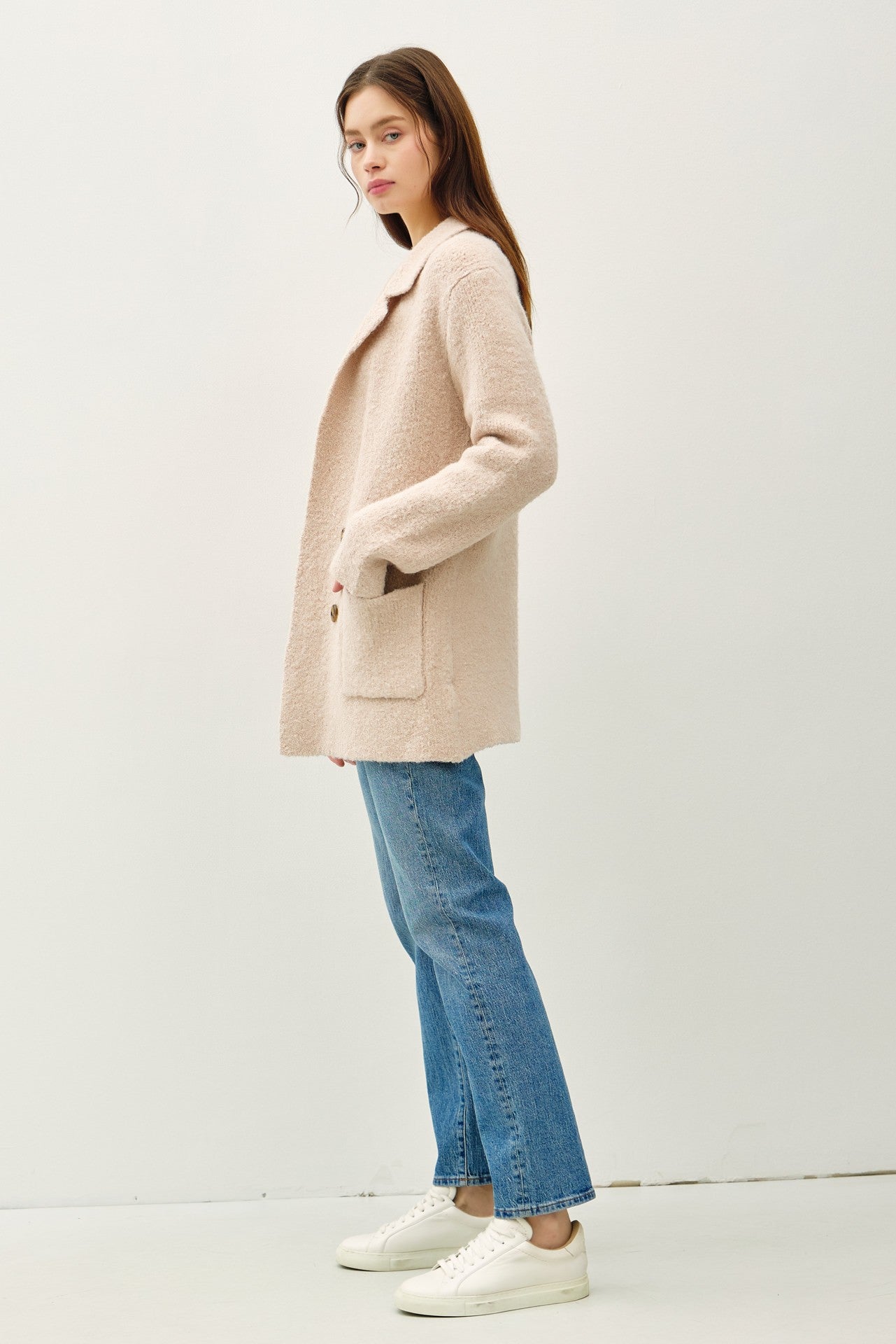 BE COOL Textured Double-Breasted Coat with Pockets in Blush Beige