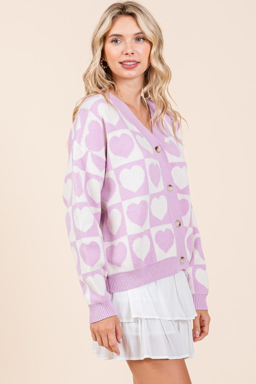 MITTOSHOP Lilac Checkered Heart Button Down Cardigan