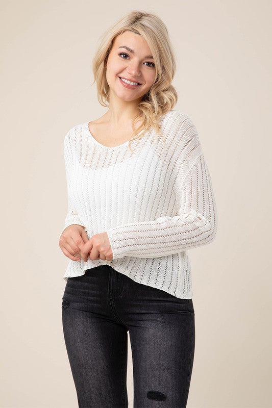 LILOU Ivory Variegated Rib V neck Sweater