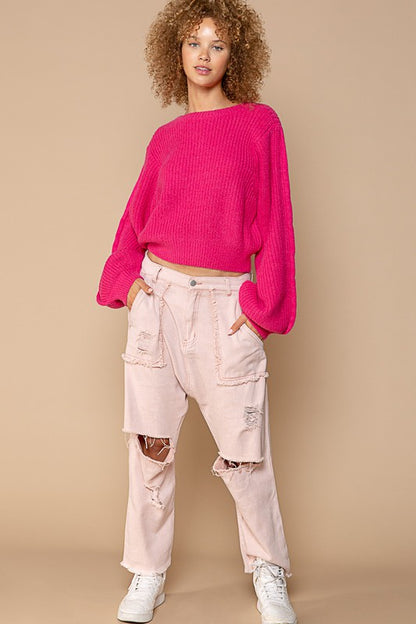 POL Hot Pink Oversized Round-Neck Sweater with Balloon Sleeves